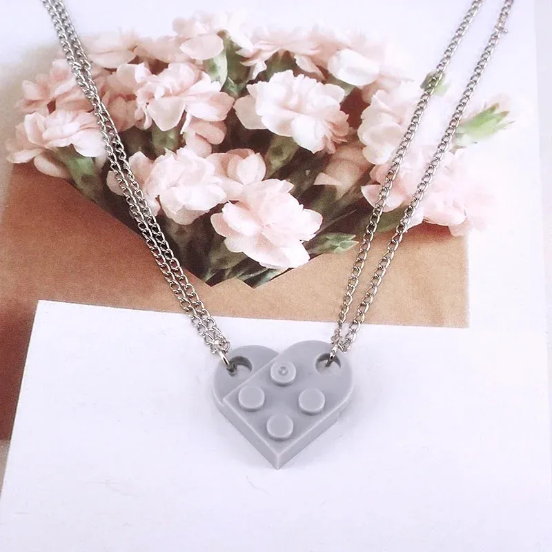 2pcs Punk Heart Brick Couples Love Necklaces for Women Men Lovers Friends Chains Necklaces Valentines Gift Jewelry