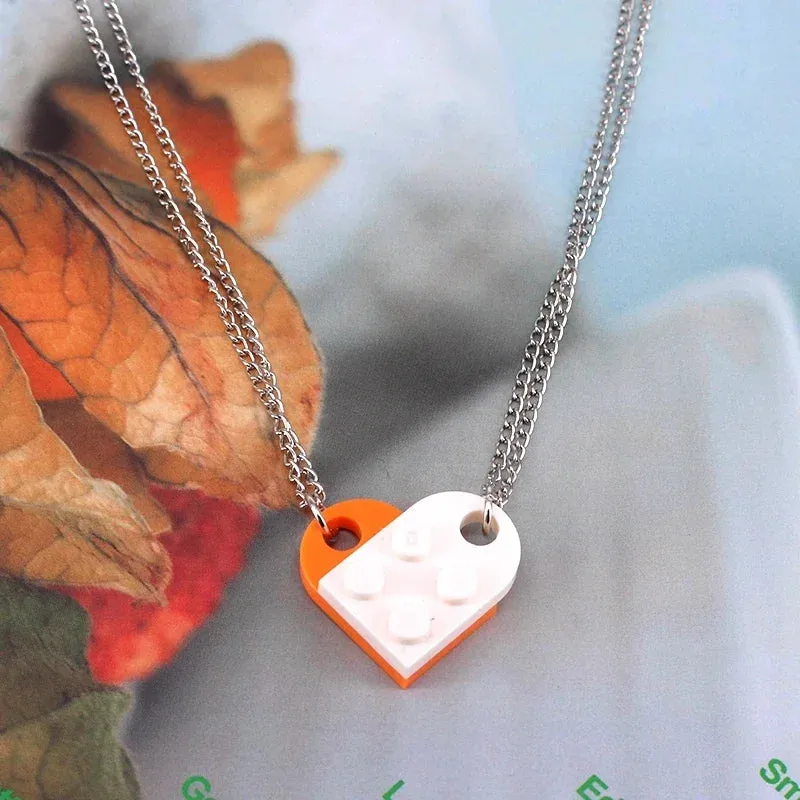 2pcs Punk Heart Brick Couples Love Necklaces for Women Men Lovers Friends Chains Necklaces Valentines Gift Jewelry