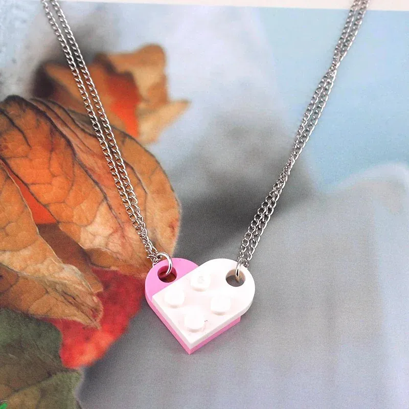 2pcs Punk Heart Brick Couples Love Necklaces for Women Men Lovers Friends Chains Necklaces Valentines Gift Jewelry