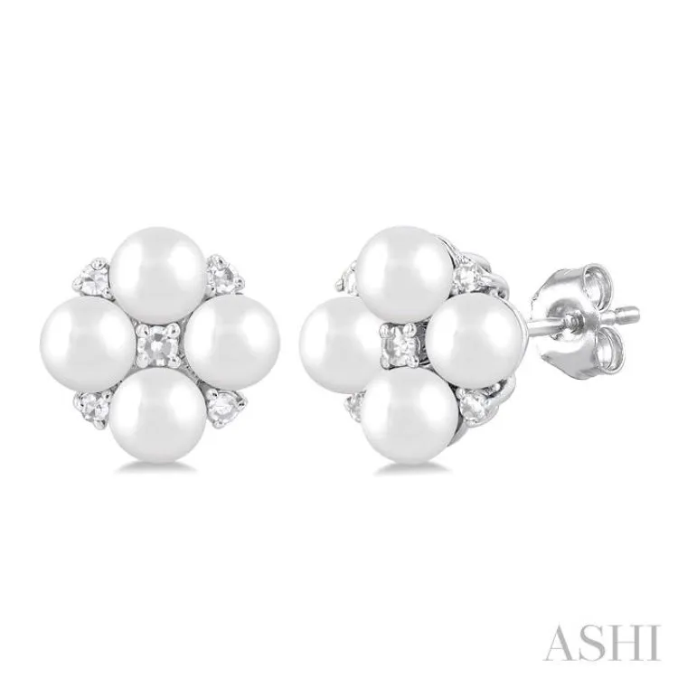3 MM Floral Round Shape Cultured Pearl and 1/20 ctw Round Cut Diamond Fashion Stud Earring in 10K White Gold