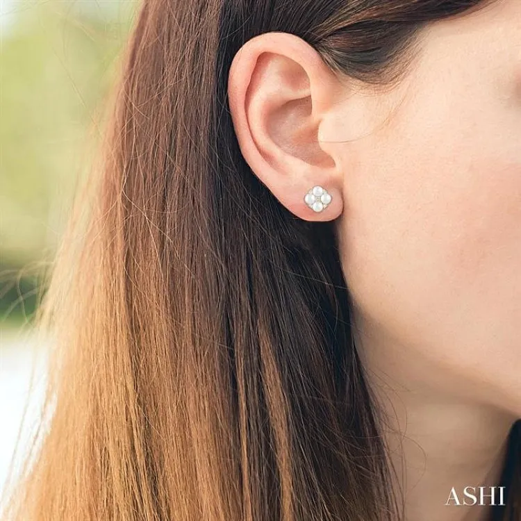 3 MM Floral Round Shape Cultured Pearl and 1/20 ctw Round Cut Diamond Fashion Stud Earring in 10K Yellow Gold