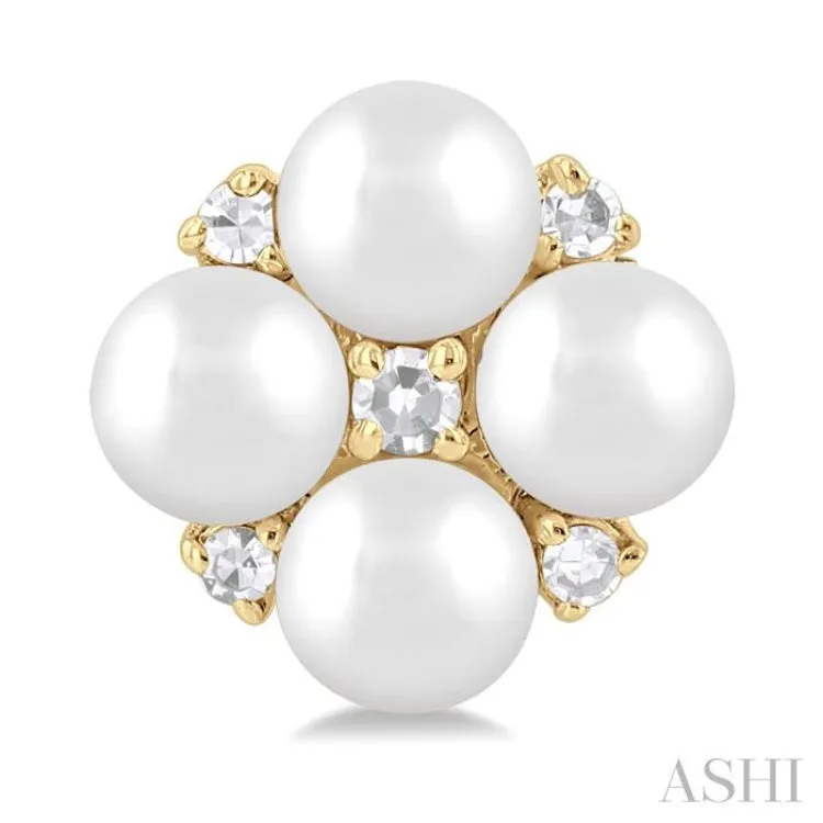 3 MM Floral Round Shape Cultured Pearl and 1/20 ctw Round Cut Diamond Fashion Stud Earring in 10K Yellow Gold