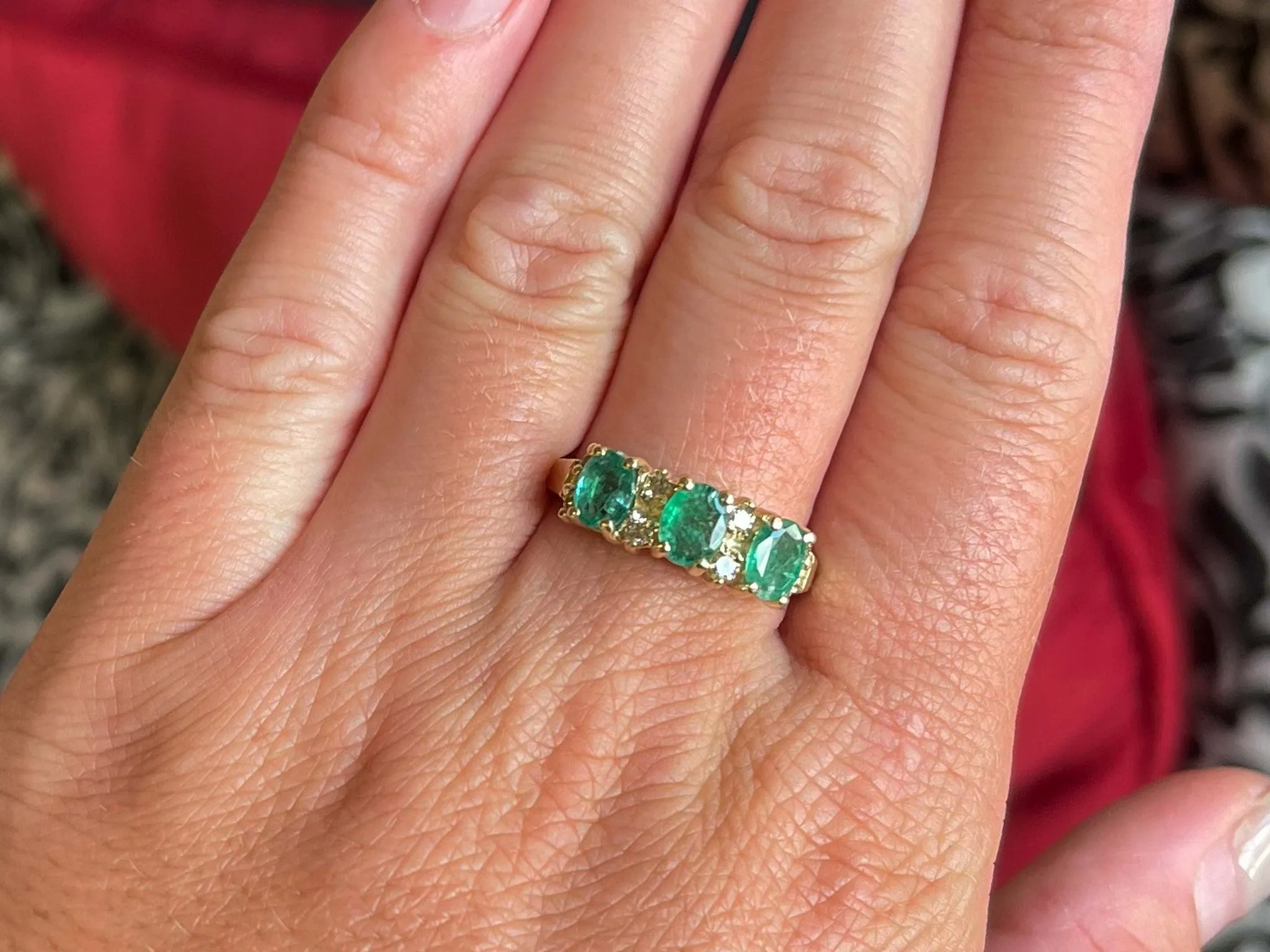 3 Oval Green Emerald and Diamond Band Ring in 14k Yellow Gold
