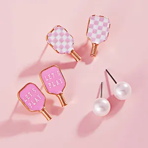 3PAIRS ENAMEL PICKLEBALL PADDLE PEARL STUD SET (MULTIPLE COLORS)