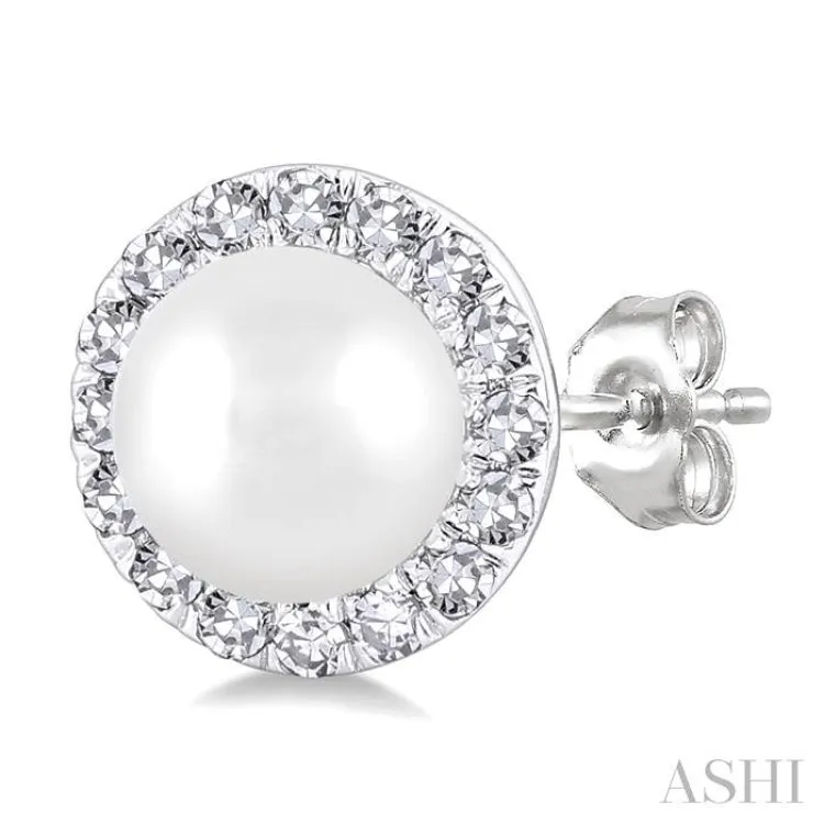 4.5 MM White Cultured Pearl and 1/8 ctw Round Cut Diamond Halo Stud Earrings in 10K White Gold