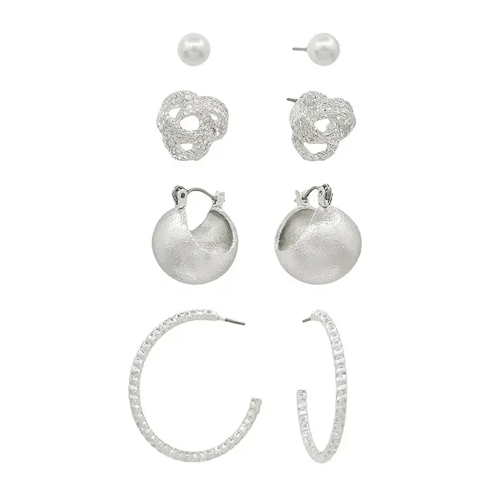 4pc Pearl & Silver Stud Set
