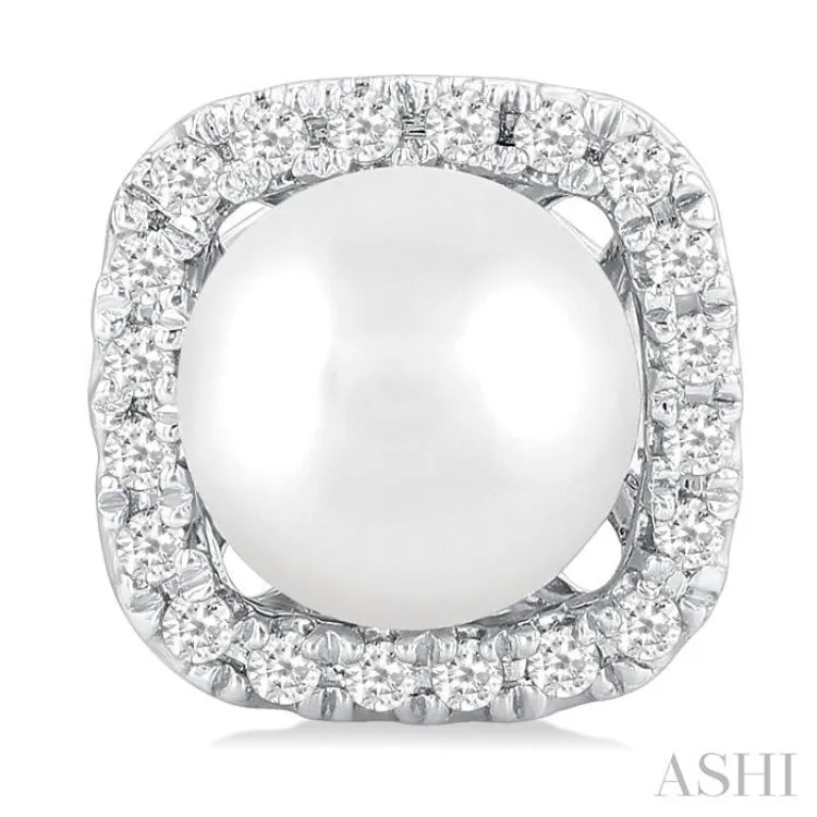 5 MM Cushion-Shaped Cultured Pearl and 1/8 ctw Petite Round Cut Diamond Halo Stud Earring in 10K White Gold