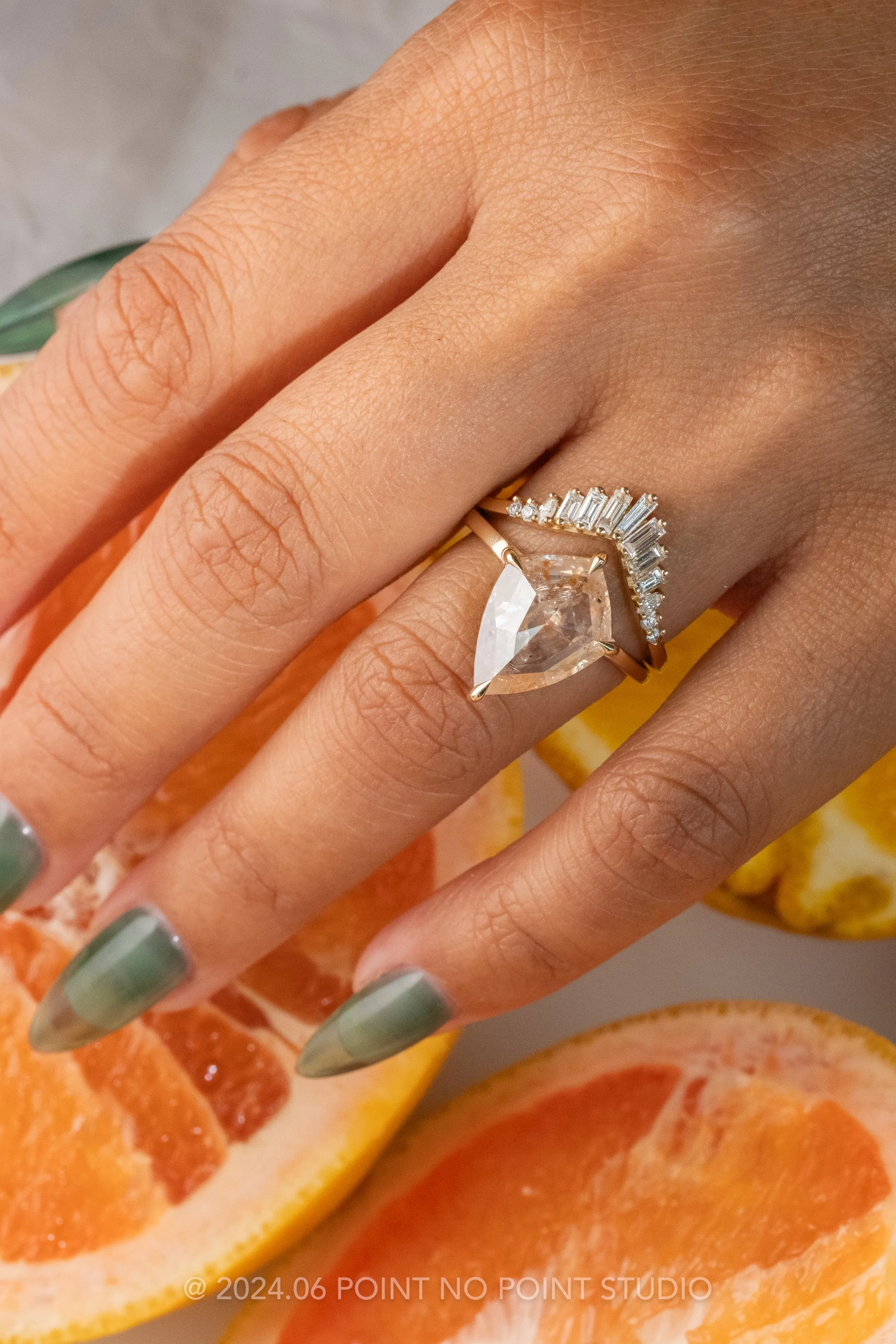 5.34 Carat Orange Speckled Icy White Geometric Shield Diamond Engagement Ring, Jane Setting, 14K Yellow Gold