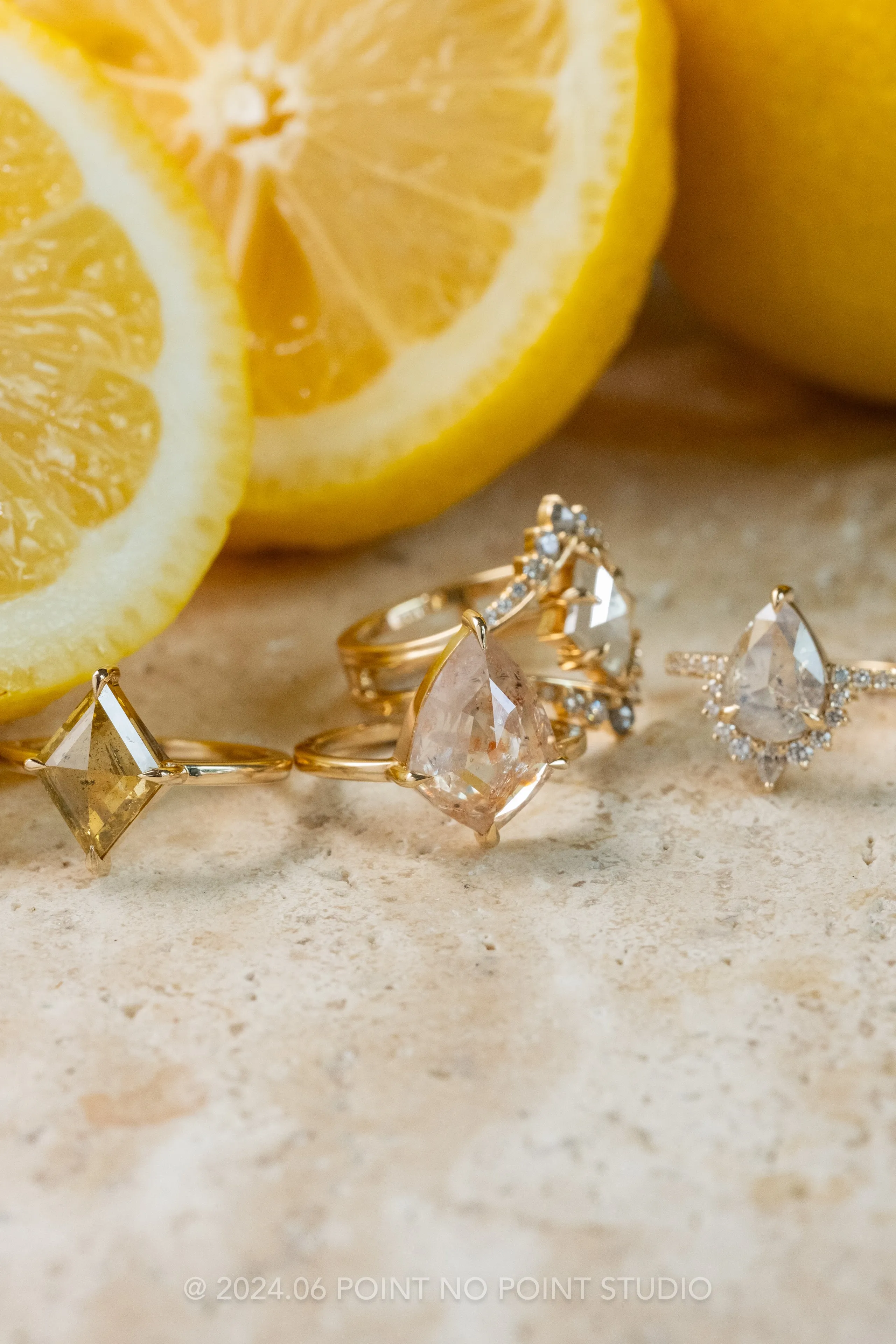 5.34 Carat Orange Speckled Icy White Geometric Shield Diamond Engagement Ring, Jane Setting, 14K Yellow Gold