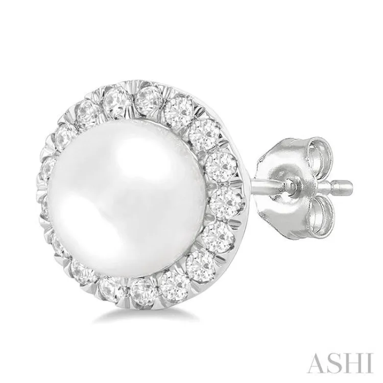 6 MM White Cultured Pearl and 1/4 ctw Round Cut Diamond Halo Stud Earrings in 14K White Gold