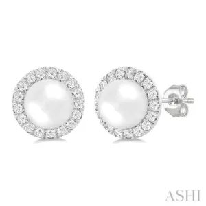 6 MM White Cultured Pearl and 1/4 ctw Round Cut Diamond Halo Stud Earrings in 14K White Gold