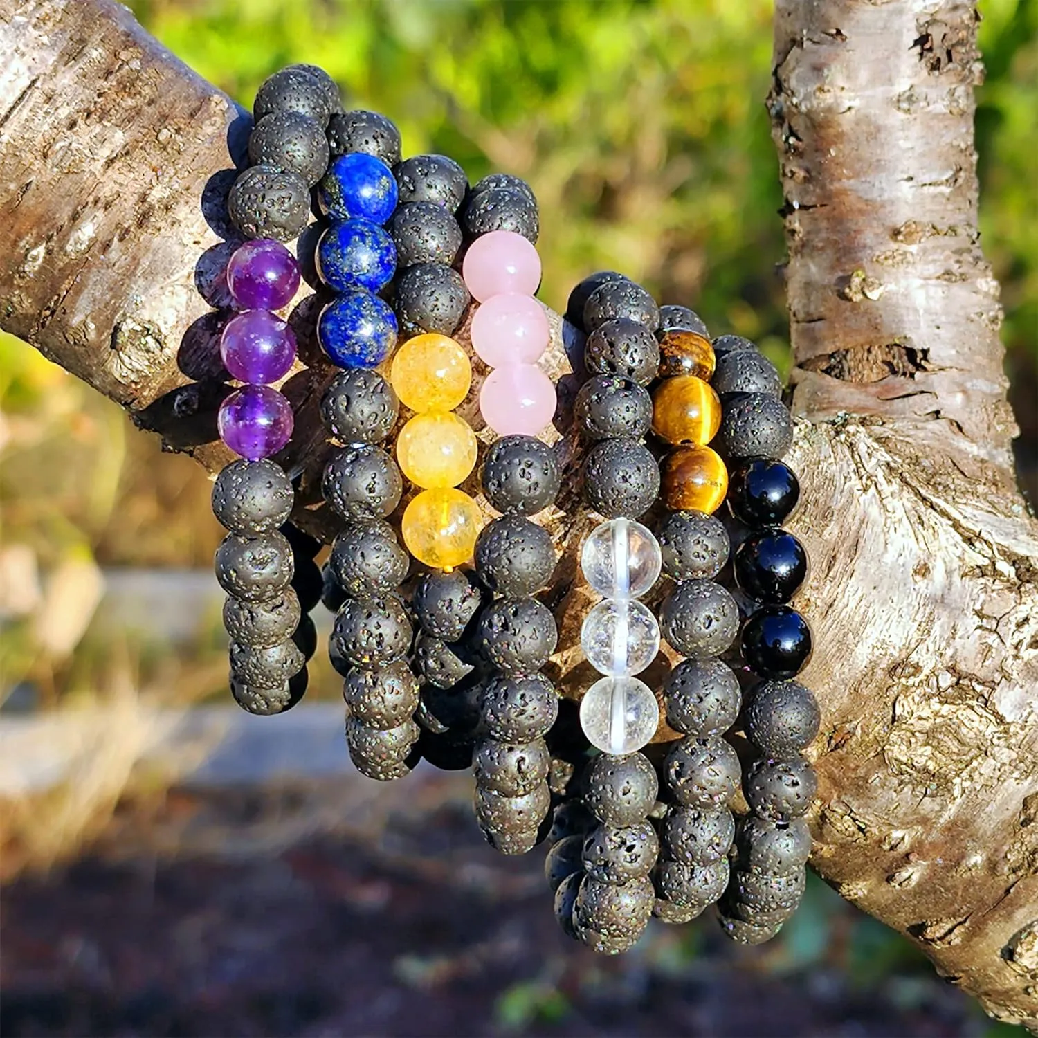 7 Chakra Crystal Bracelets Set for Women, Men – Black Tourmaline Lava Rock Stone Beads Bracelets with Lapis Lazuli, Rose Quartz, Clear Quartz, Amethyst, Citrine – Reiki Healing Yoga Jewelry Gifts