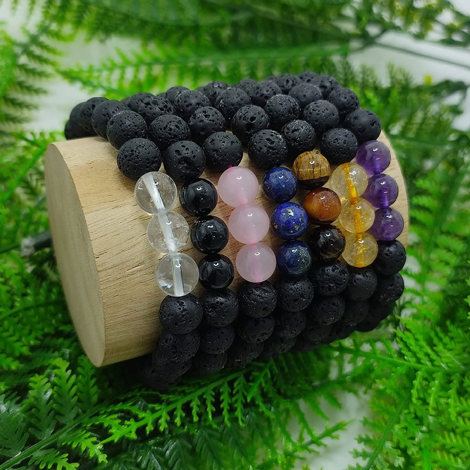 7 Chakra Crystal Bracelets Set for Women, Men – Black Tourmaline Lava Rock Stone Beads Bracelets with Lapis Lazuli, Rose Quartz, Clear Quartz, Amethyst, Citrine – Reiki Healing Yoga Jewelry Gifts