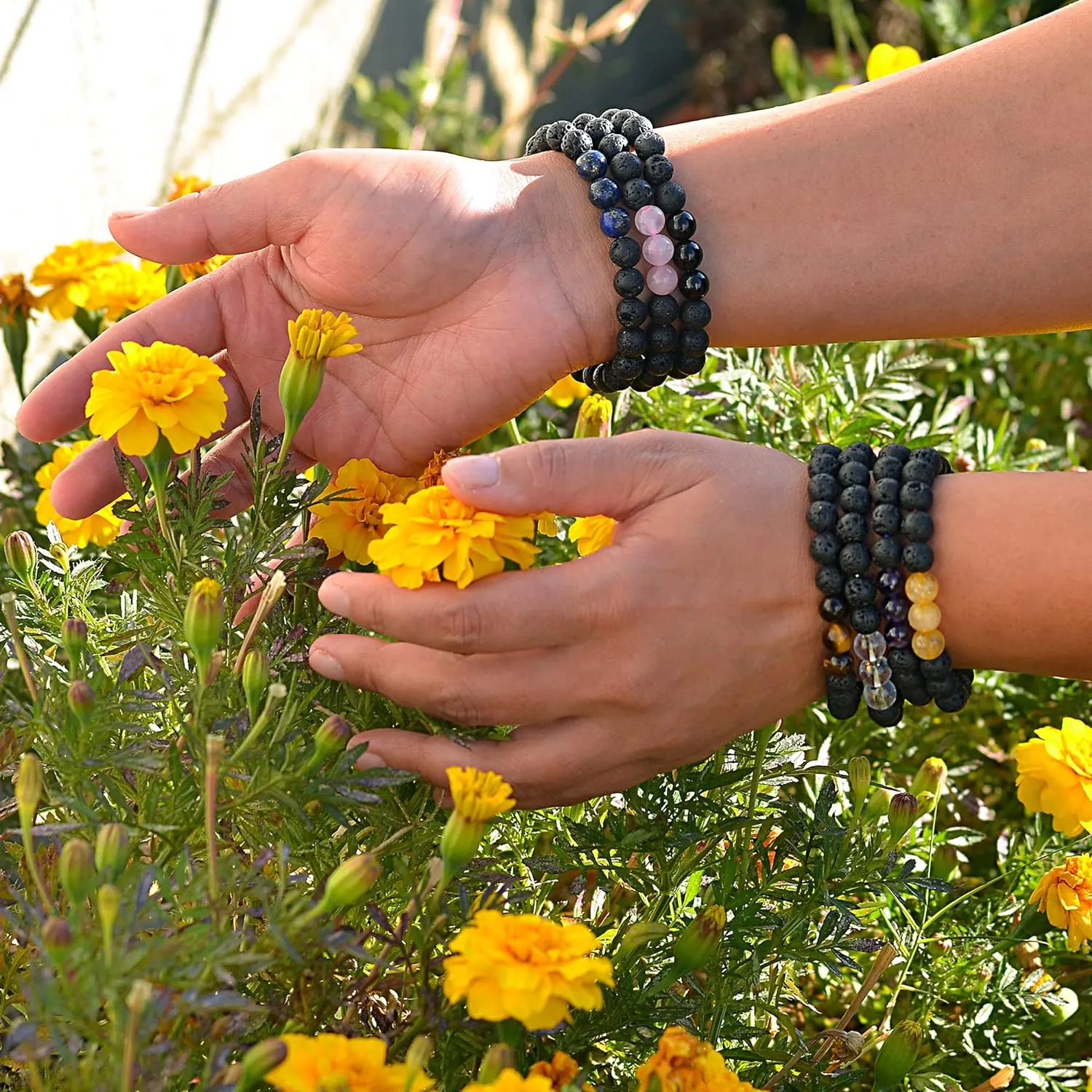 7 Chakra Crystal Bracelets Set for Women, Men – Black Tourmaline Lava Rock Stone Beads Bracelets with Lapis Lazuli, Rose Quartz, Clear Quartz, Amethyst, Citrine – Reiki Healing Yoga Jewelry Gifts