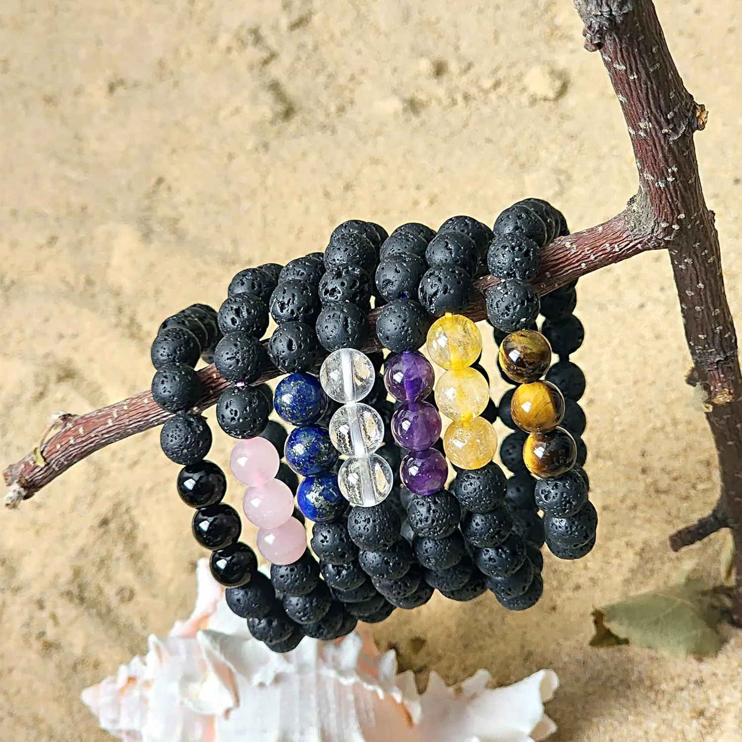 7 Chakra Crystal Bracelets Set for Women, Men – Black Tourmaline Lava Rock Stone Beads Bracelets with Lapis Lazuli, Rose Quartz, Clear Quartz, Amethyst, Citrine – Reiki Healing Yoga Jewelry Gifts