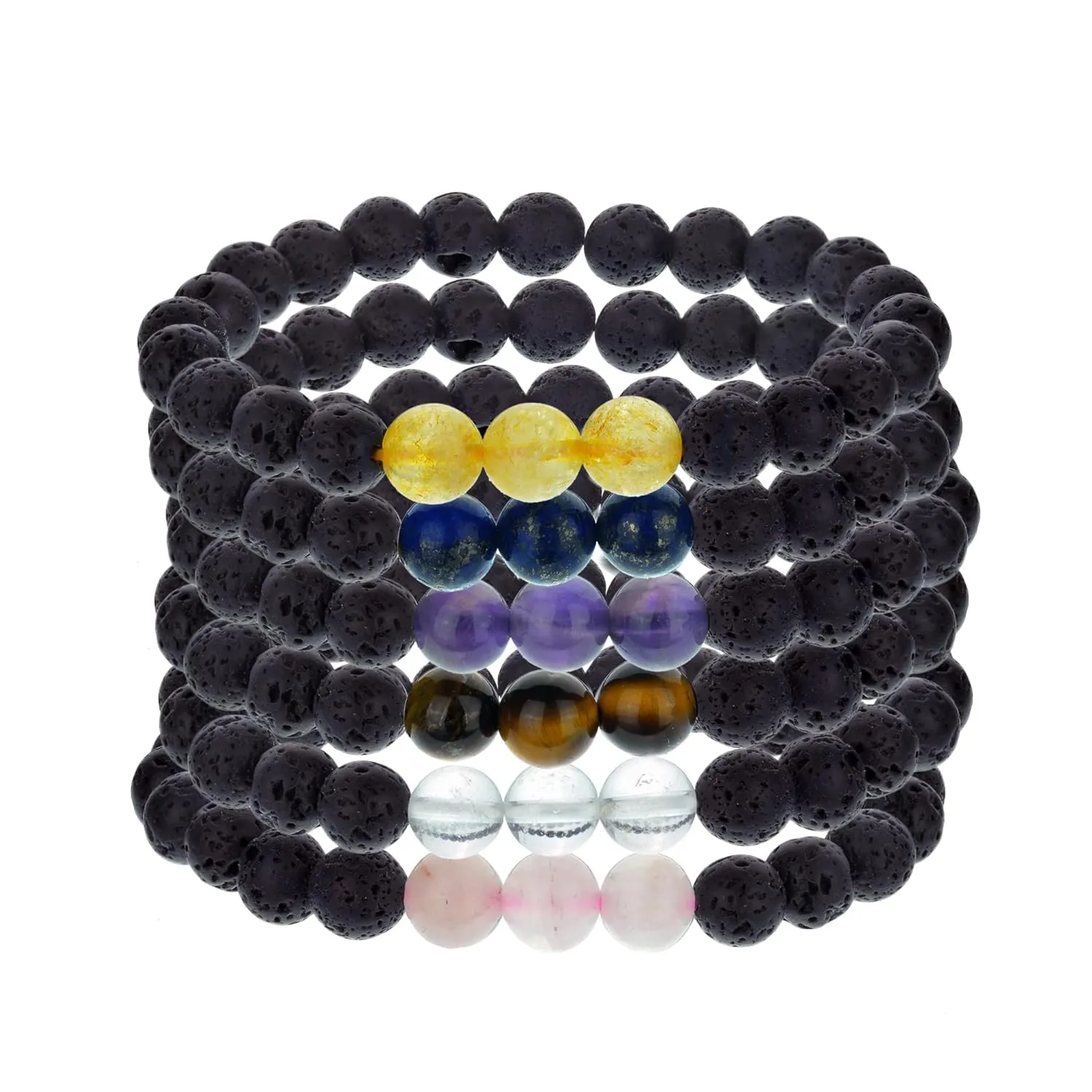 7 Chakra Crystal Bracelets Set for Women, Men – Black Tourmaline Lava Rock Stone Beads Bracelets with Lapis Lazuli, Rose Quartz, Clear Quartz, Amethyst, Citrine – Reiki Healing Yoga Jewelry Gifts