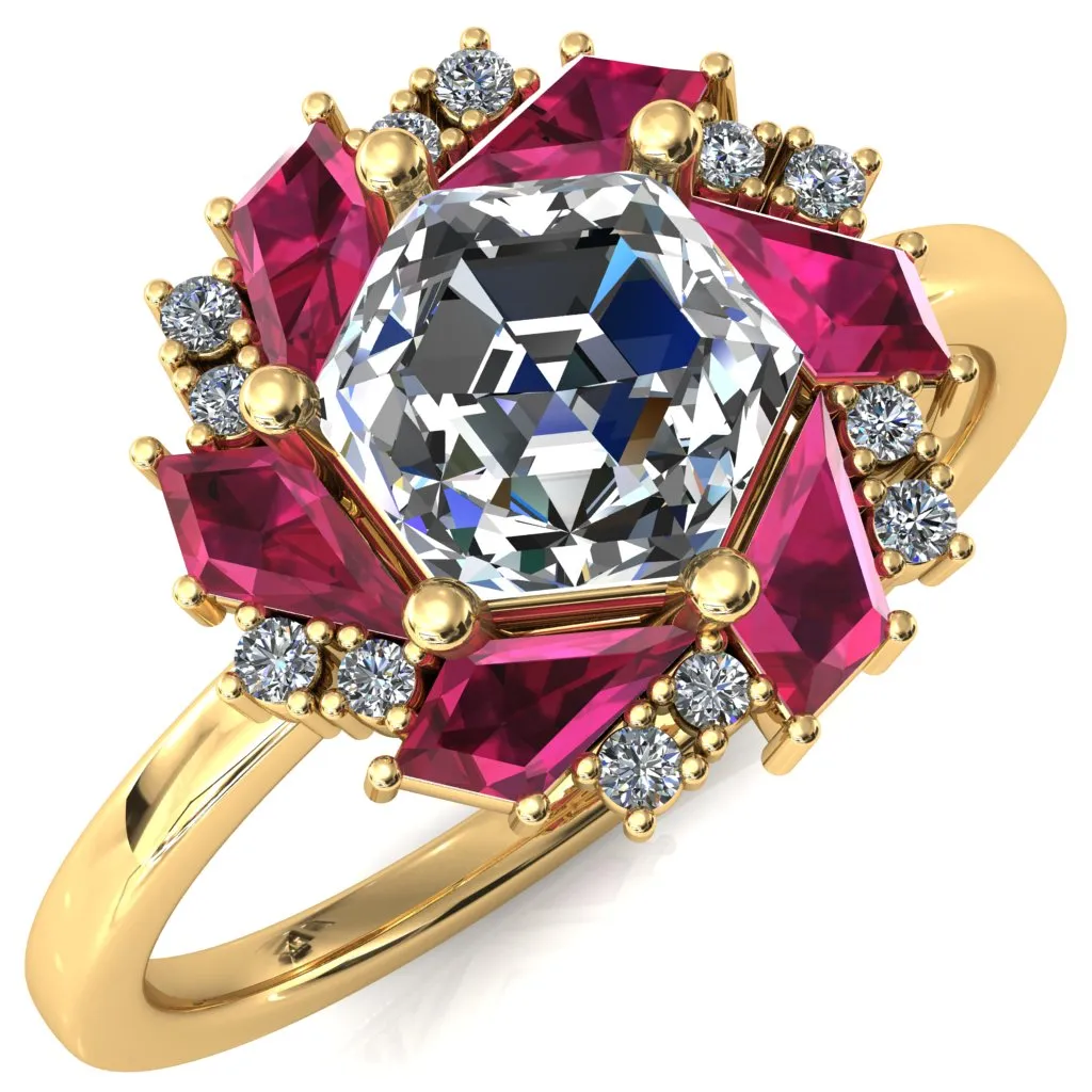 7.0mm Hexagon Center Kite Cut Ruby Cluster Halo Ring