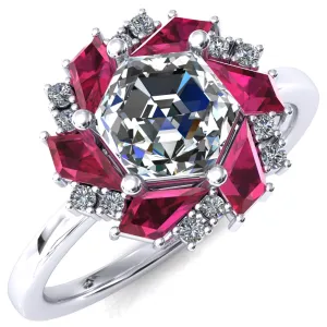 7.0mm Hexagon Center Kite Cut Ruby Cluster Halo Ring