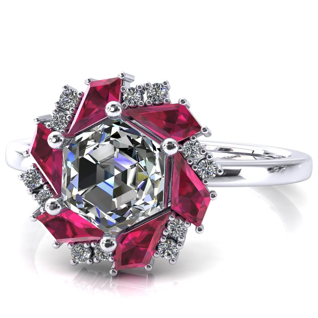 7.0mm Hexagon Center Kite Cut Ruby Cluster Halo Ring
