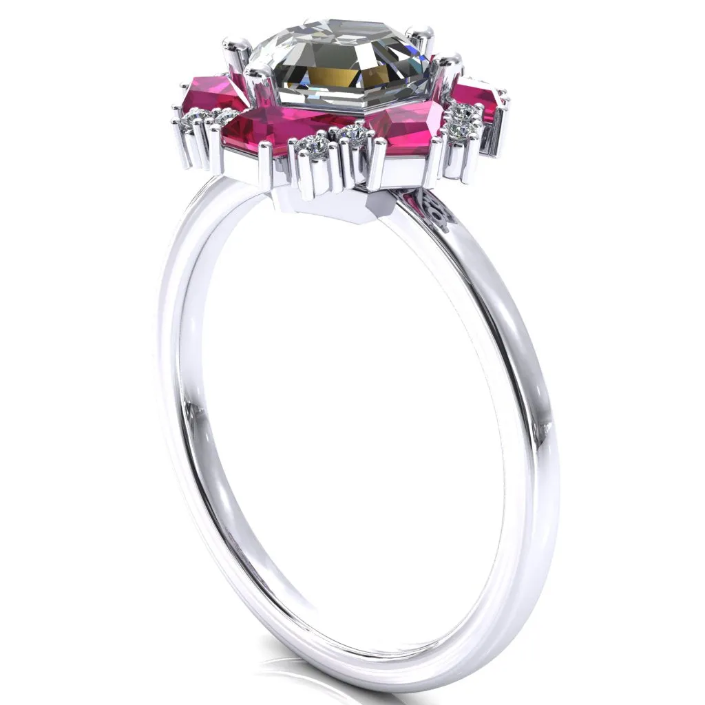 7.0mm Hexagon Center Kite Cut Ruby Cluster Halo Ring