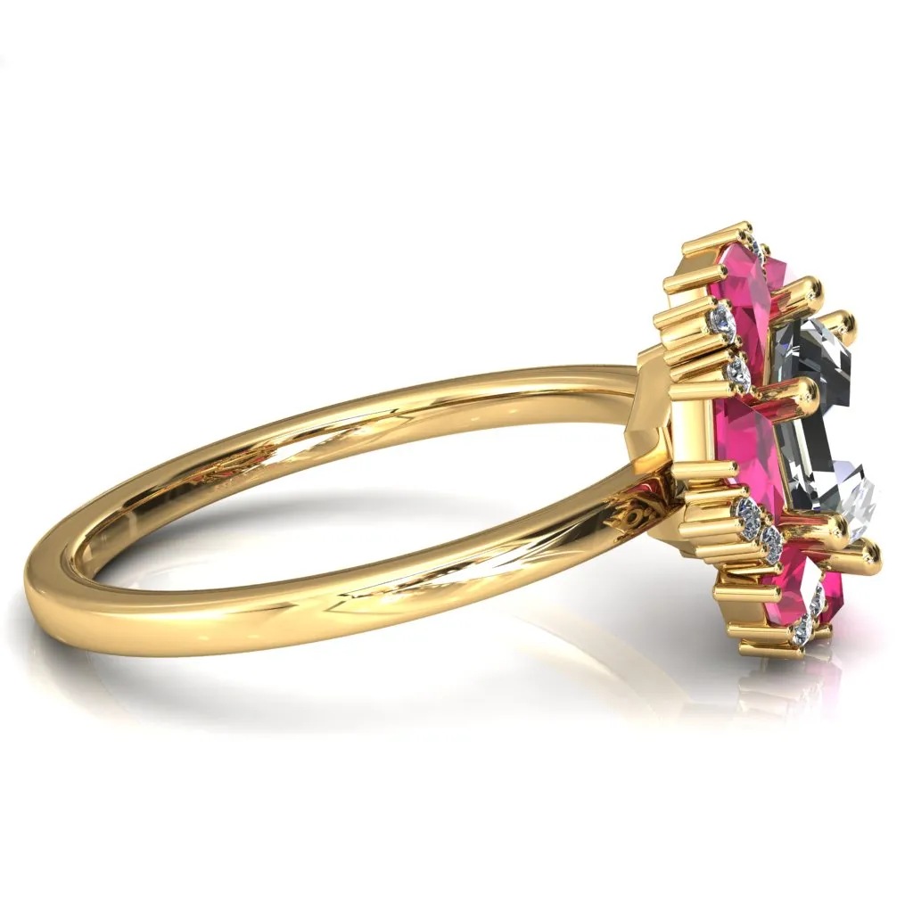 7.0mm Hexagon Center Kite Cut Ruby Cluster Halo Ring