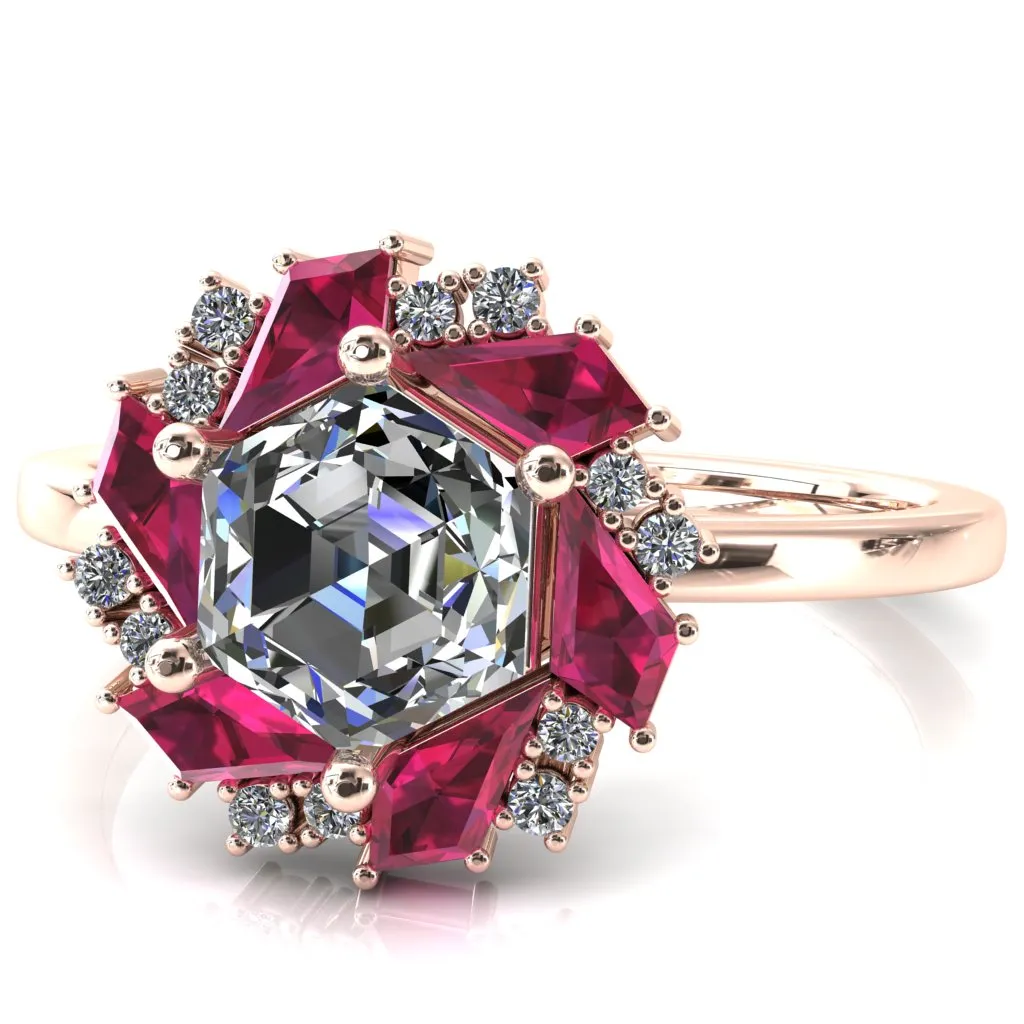 7.0mm Hexagon Center Kite Cut Ruby Cluster Halo Ring