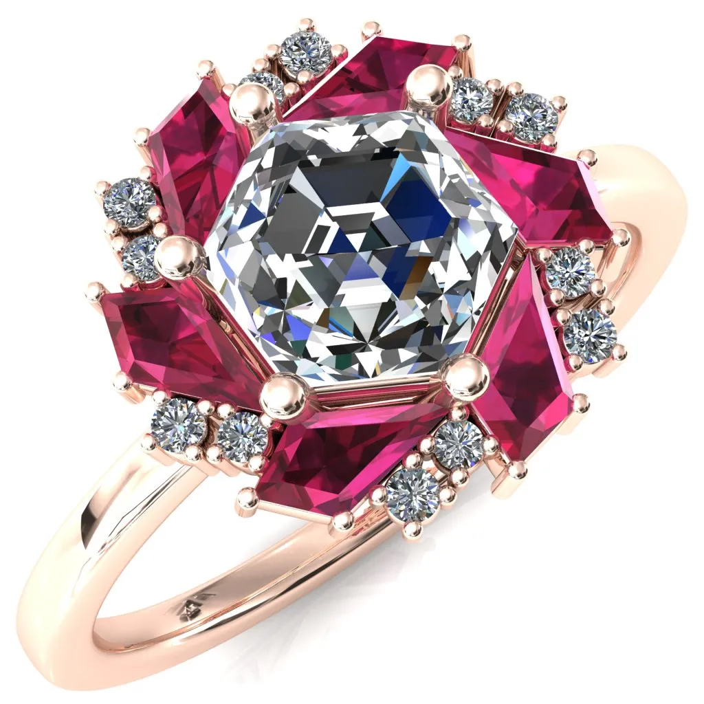 7.0mm Hexagon Center Kite Cut Ruby Cluster Halo Ring
