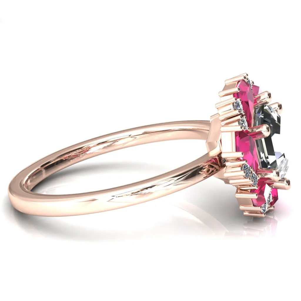 7.0mm Hexagon Center Kite Cut Ruby Cluster Halo Ring