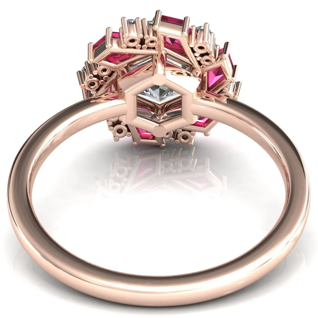 7.0mm Hexagon Center Kite Cut Ruby Cluster Halo Ring