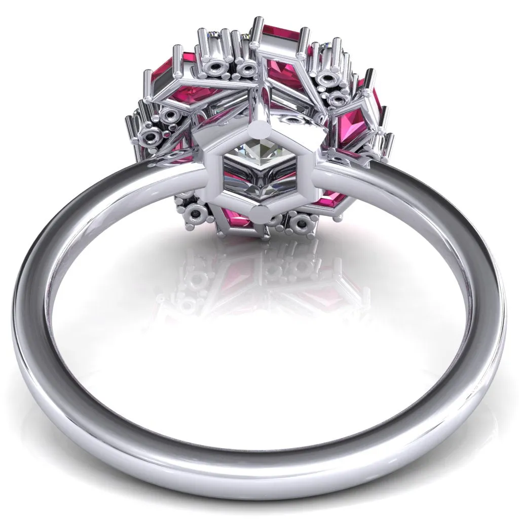 7.0mm Hexagon Center Kite Cut Ruby Cluster Halo Ring