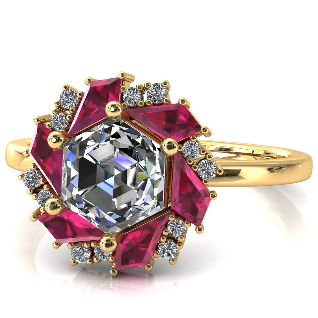 7.0mm Hexagon Center Kite Cut Ruby Cluster Halo Ring