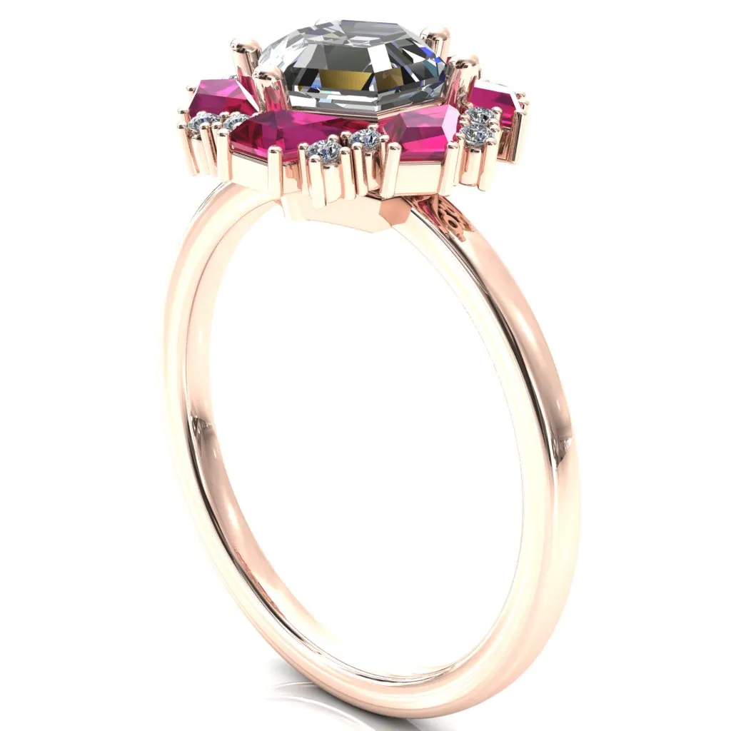 7.0mm Hexagon Center Kite Cut Ruby Cluster Halo Ring