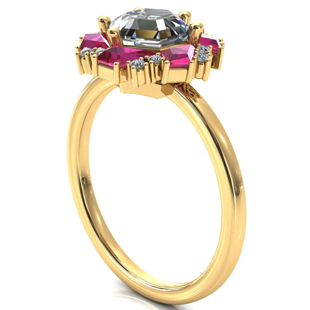 7.0mm Hexagon Center Kite Cut Ruby Cluster Halo Ring