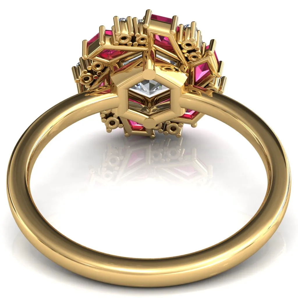 7.0mm Hexagon Center Kite Cut Ruby Cluster Halo Ring