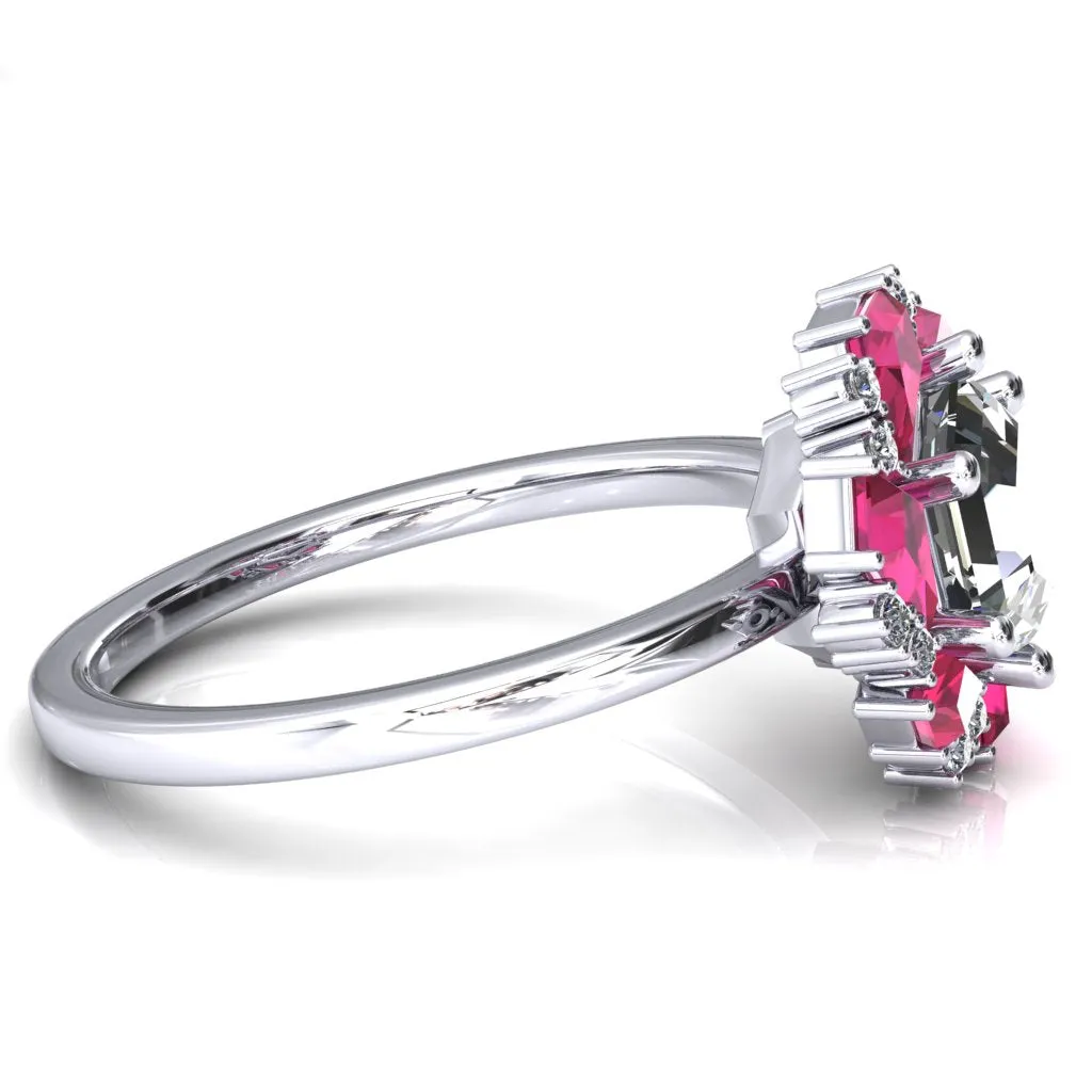 7.0mm Hexagon Center Kite Cut Ruby Cluster Halo Ring
