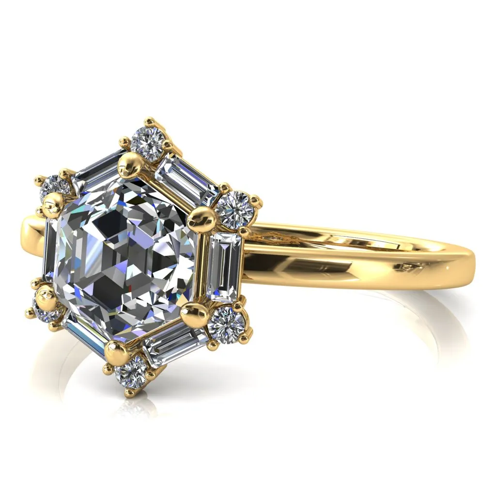 7.5mm Hexagon Center Baguette Moissanite Halo Ring