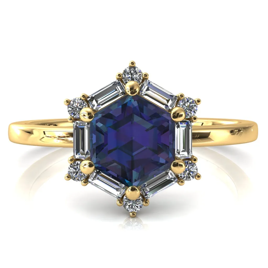 7.5mm Hexagon Center Baguette Moissanite Halo Ring