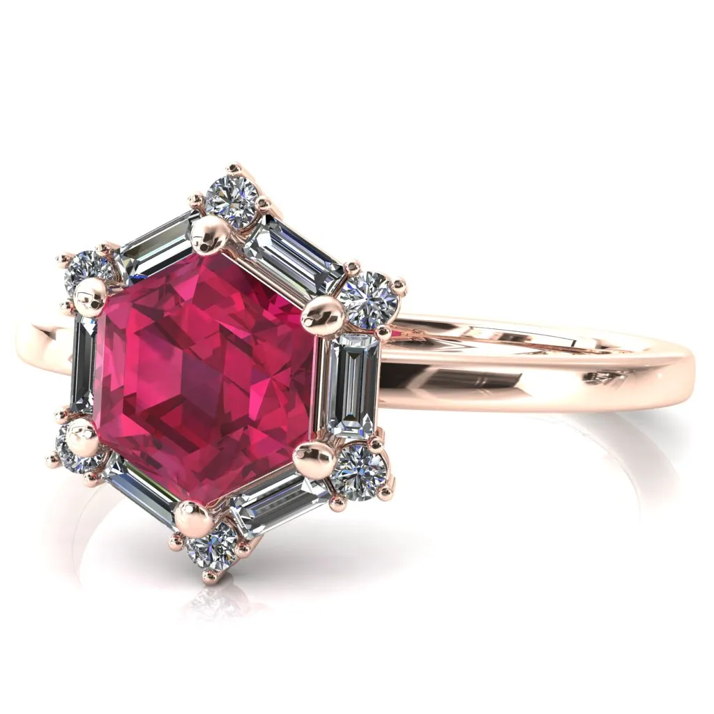 7.5mm Hexagon Center Baguette Moissanite Halo Ring