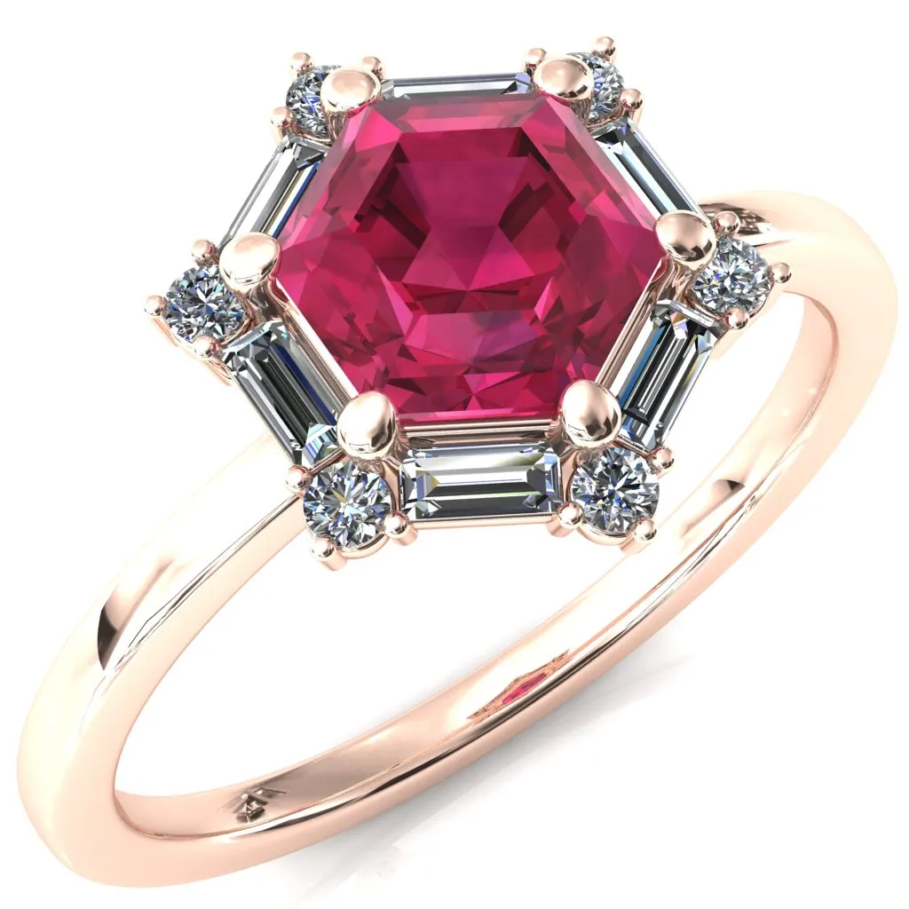 7.5mm Hexagon Center Baguette Moissanite Halo Ring