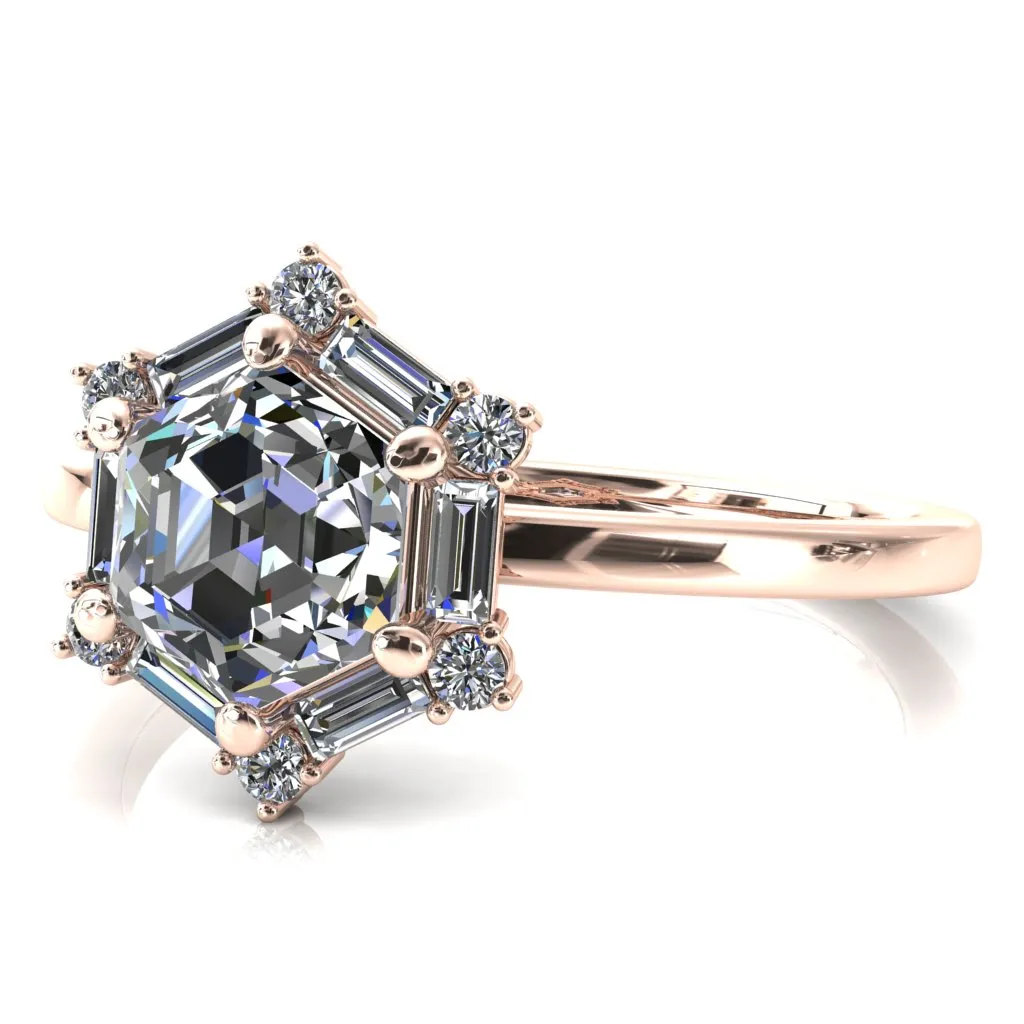 7.5mm Hexagon Center Baguette Moissanite Halo Ring