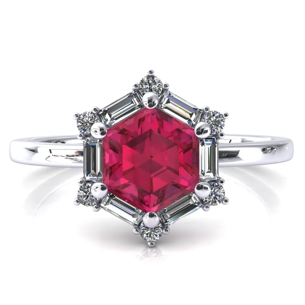 7.5mm Hexagon Center Baguette Moissanite Halo Ring