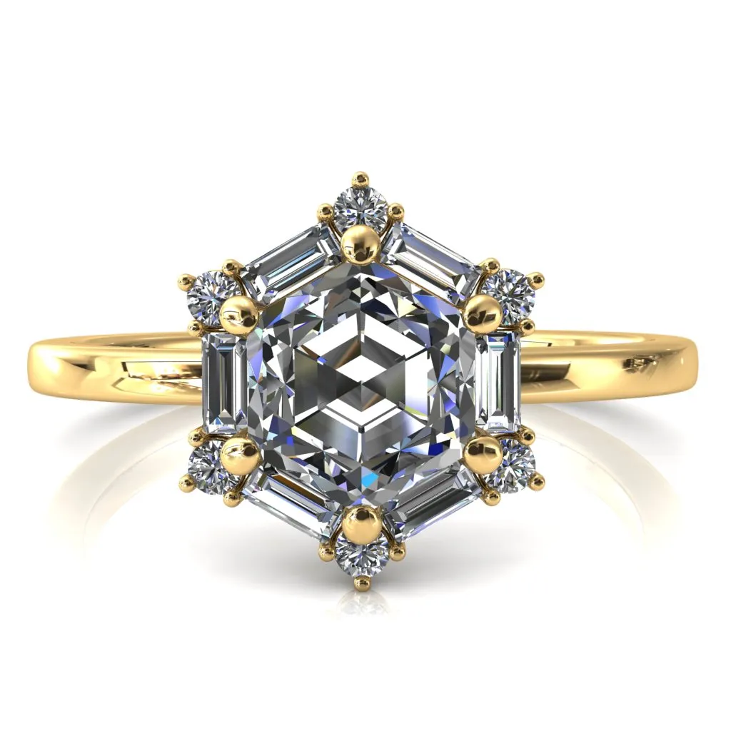 7.5mm Hexagon Center Baguette Moissanite Halo Ring