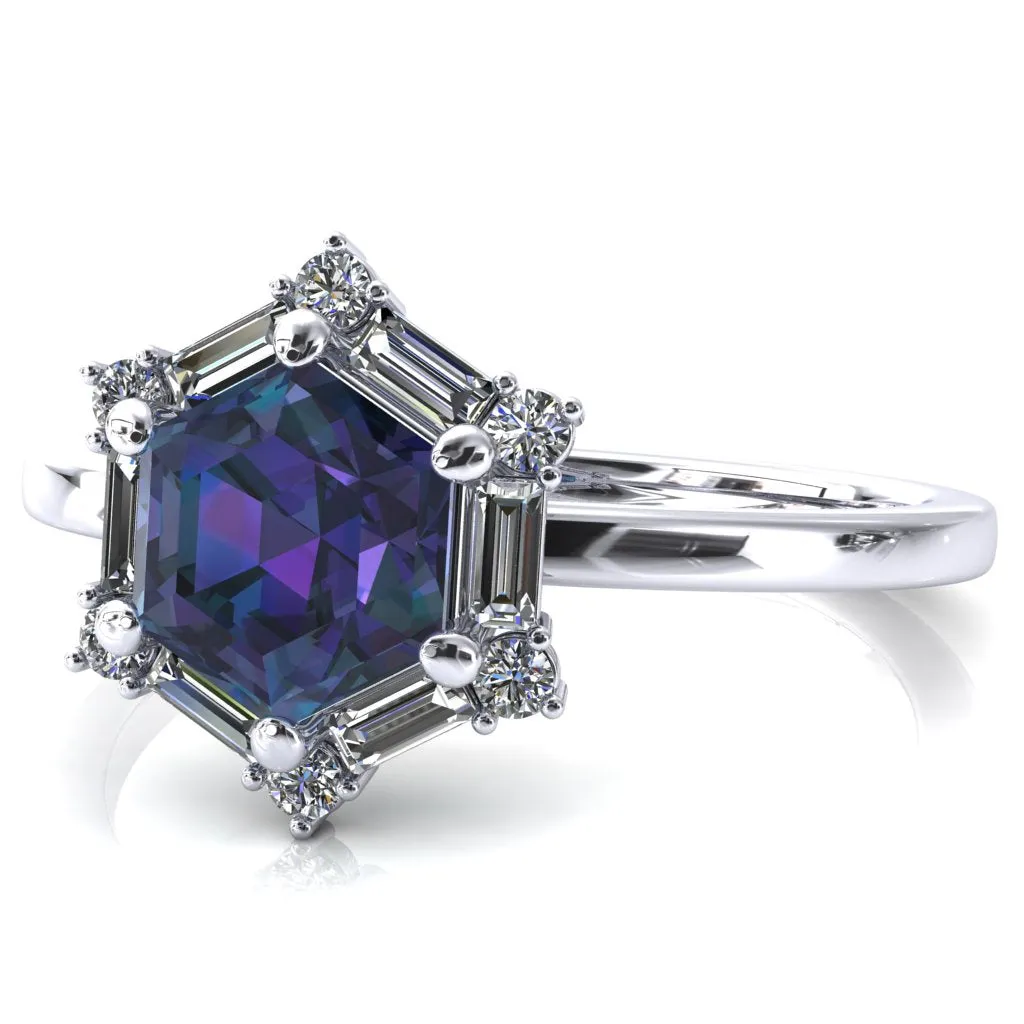 7.5mm Hexagon Center Baguette Moissanite Halo Ring