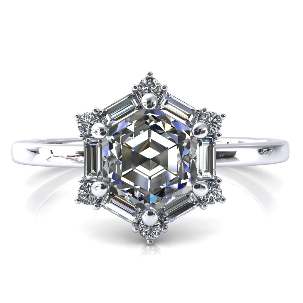 7.5mm Hexagon Center Baguette Moissanite Halo Ring