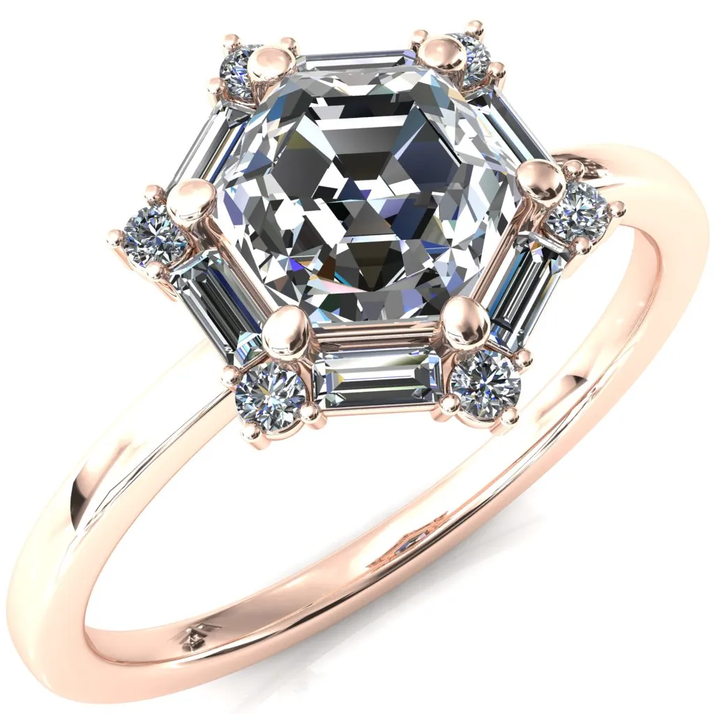 7.5mm Hexagon Center Baguette Moissanite Halo Ring
