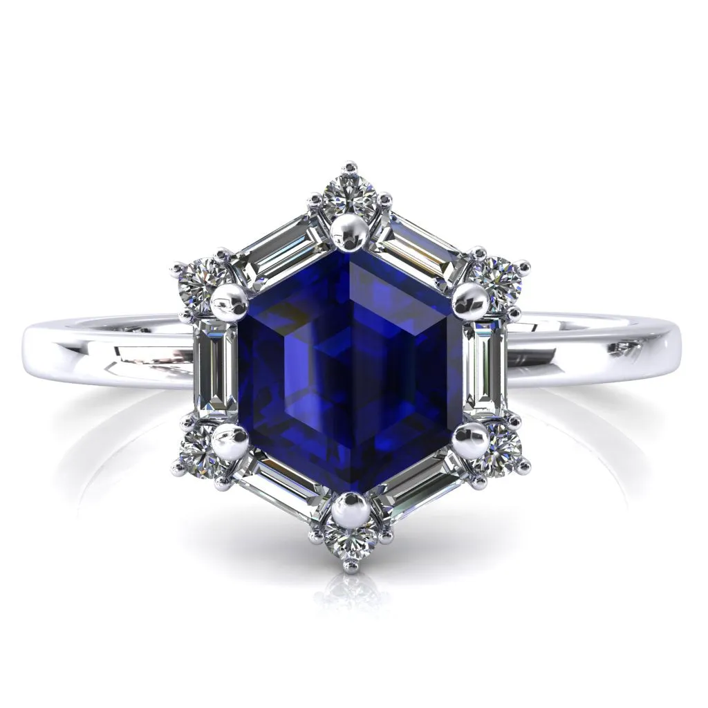 7.5mm Hexagon Center Baguette Moissanite Halo Ring