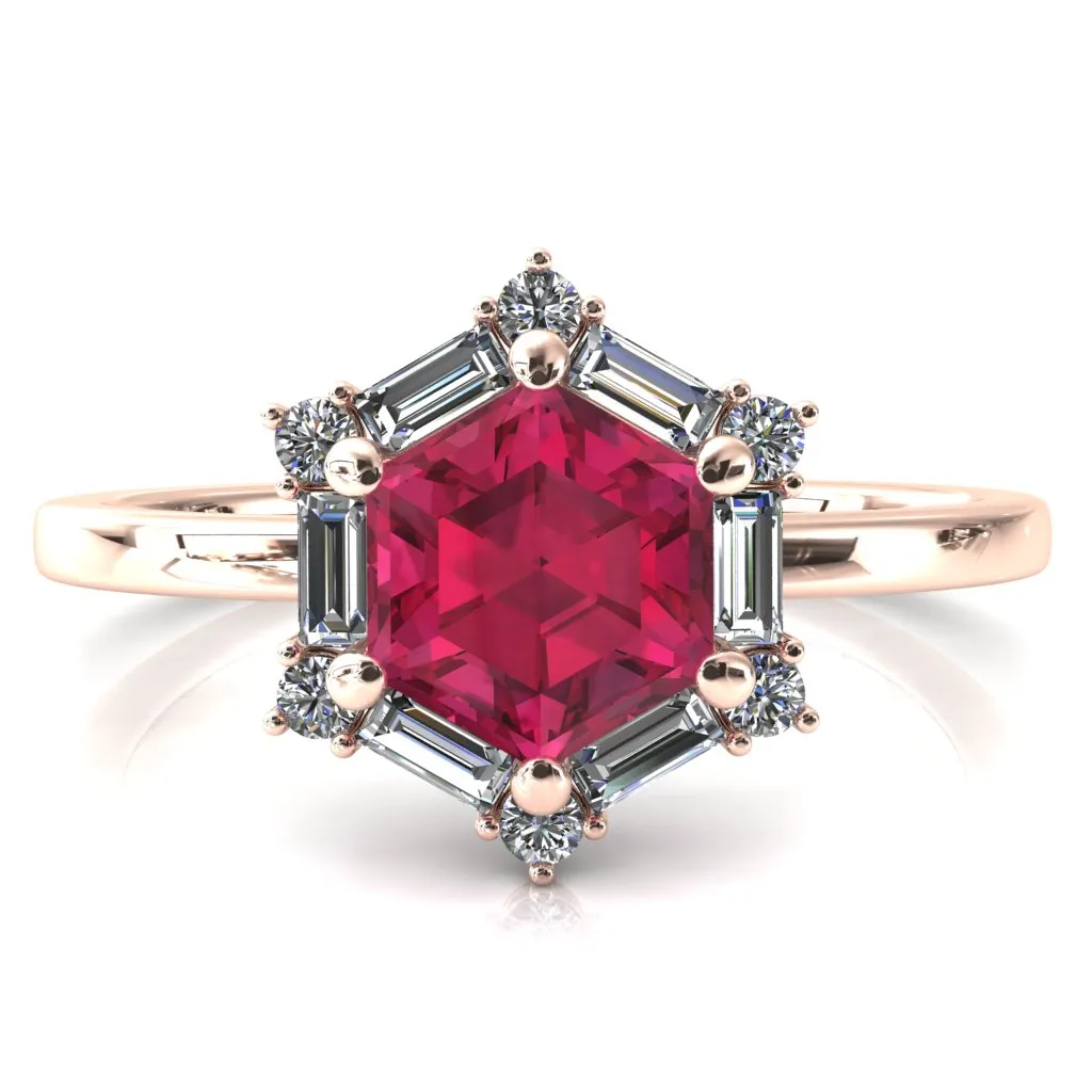 7.5mm Hexagon Center Baguette Moissanite Halo Ring