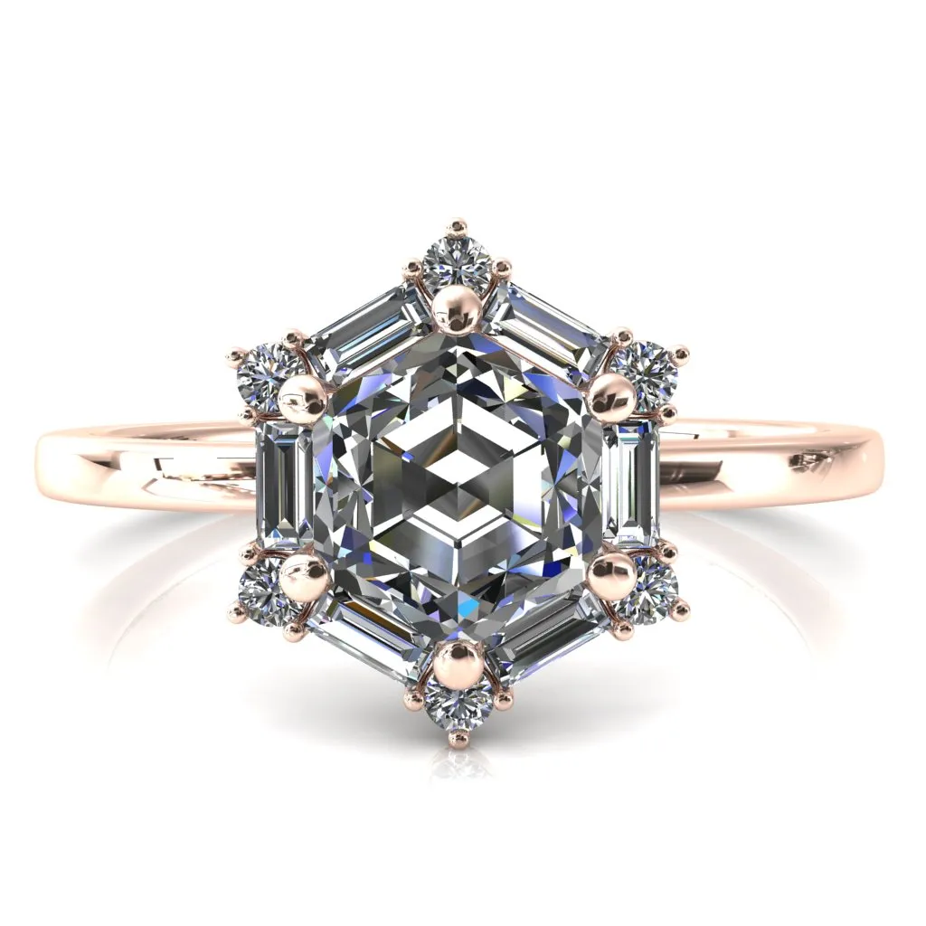 7.5mm Hexagon Center Baguette Moissanite Halo Ring