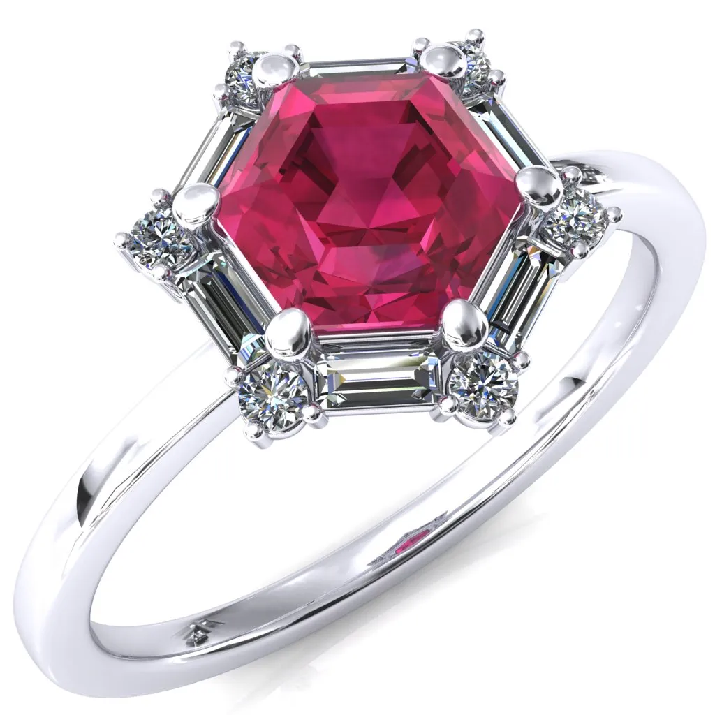7.5mm Hexagon Center Baguette Moissanite Halo Ring