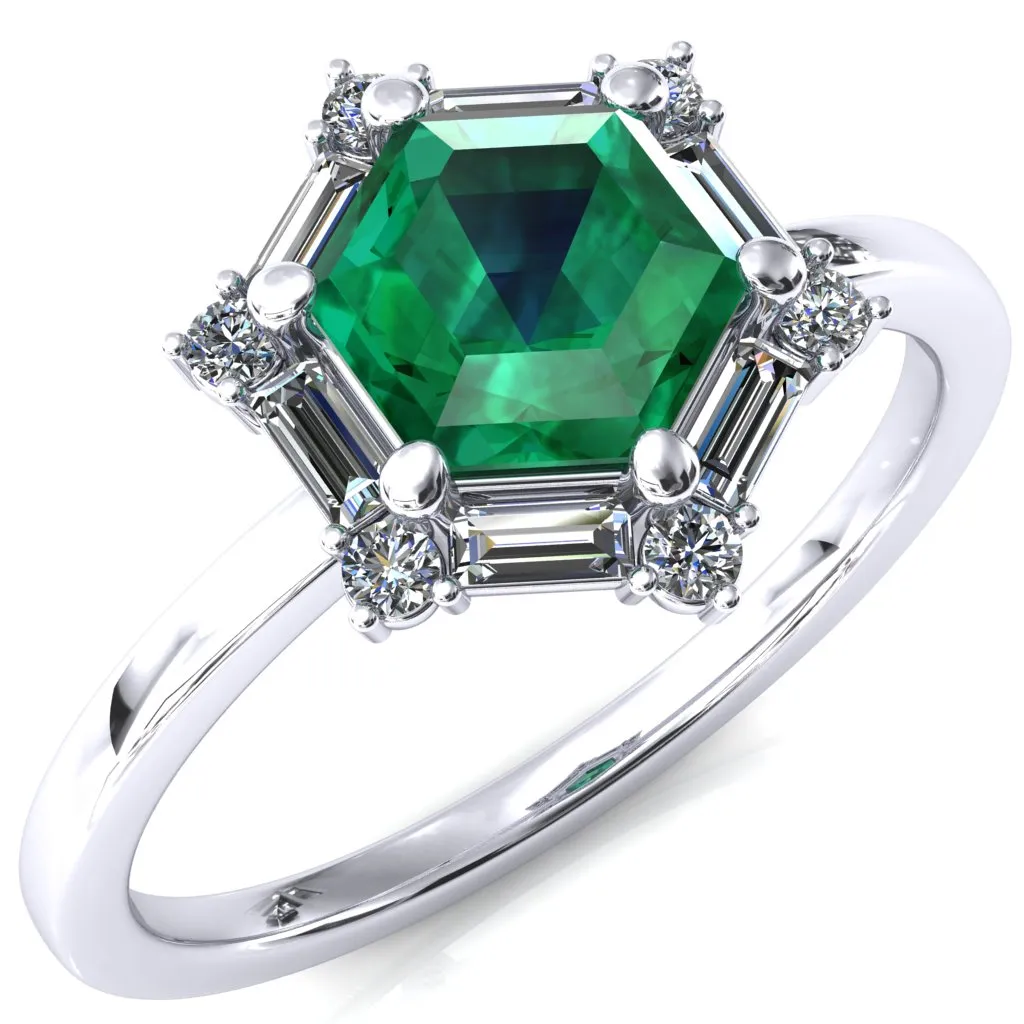 7.5mm Hexagon Center Baguette Moissanite Halo Ring